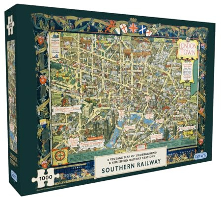 Gibsons London Town by Southern Railway 1000 Piece Jigsaw Puzzle for Adults – Pictorial Map with Landmarks & Railway Stations by Kerry Lee - Nostalgic British Artwork - Sustainably Made in the UK/EU