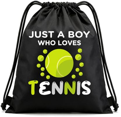 Tennis Gift Bag for Best Friend Sports Gifts for Men Boys Grandson Son Birthday Gifts for Boyfriend Husband Just A Boy Who Loves Tennis Drawstring Bag Backpack for Gym School Travel