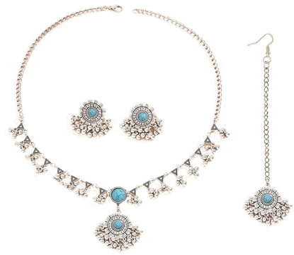 Set di gioielli Jhumka etnici indiani per donne Orecchini con perline e sfere Maang Tikka ossidato tradizionale Jhumki con ciondolo bavaglino Collana girocollo Gioielli Boho Accessori (Turchese)