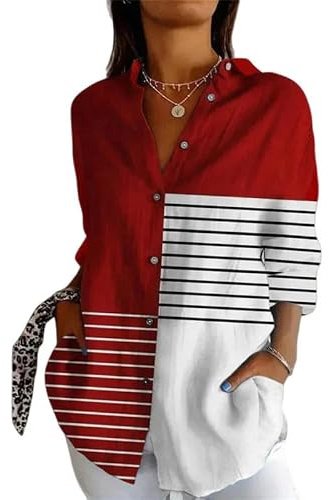 keephen Chemises Oversize pour Femmes Blouse rayée col en V Manches Longues boutonnée Tops à col Chemises décontractées