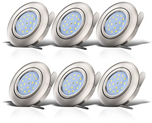 B.K.Licht - 6er Set LED Einbaustrahler 230V 4,8W ultraflach schwenkbar, 68mm Lochmass, warmweiße Lichtfarbe, Deckenspots, Spots, Einbauleuchten, Einbauspots, 82x30 mm, Matt-Nickel