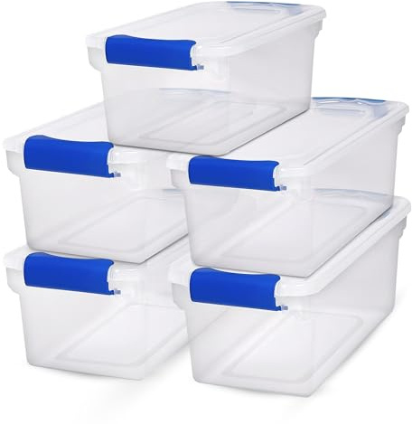 HOMZ 5-Pack Latching Lid, Clear Plastic Storage Organizer Bins, 7.5 Quart, Blue Latch - Stackable Organizing Containers for Home, Garage, and Office