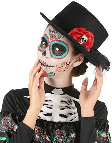DEGUISE TOI - Chapeau haut de forme noir tête de mort fleur rouge Dia de los muertos adulte - Chapeau - Taille Unique - Noir - Accessoires pour déguisement - 100% Polyester - - Halloween