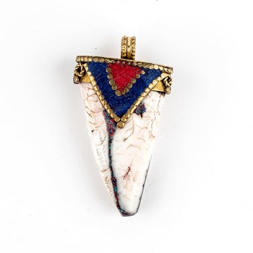 The Bead Chest Blue Inlaid Conch Shell Tooth Pendant 55x30mm Nepal Multicolor Large Hole