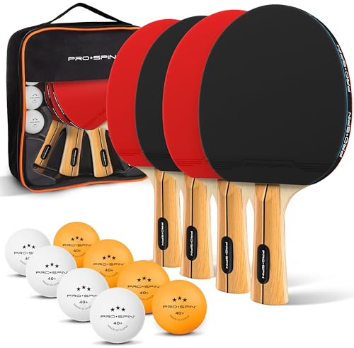 PRO-SPIN Table Tennis Bats - High-Performance Set with Premium Table Tennis Rackets, 3-Star Ping Pong Balls, Compact Storage Case | Professional Quality Ping Pong Paddle Set (Red, 4-Player Set)