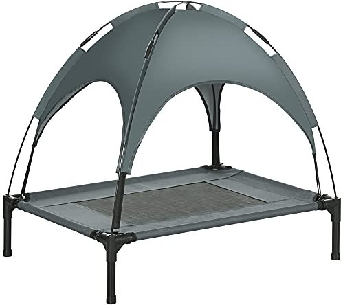 PawHut 76cm Elevated Dog Bed Cooling Raised Pet Cot UV Protection Canopy Grey