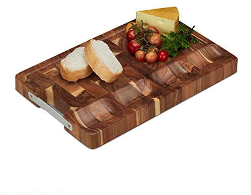 Relaxdays Tabla de Cortar, Madera Acacia Maciza, Bandeja Picar Carne, 40 x 25 cm, Protege Cuchillos, Surco Goteo, Marrón