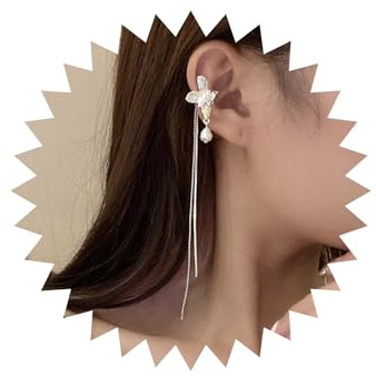 Wendalern Orecchini a clip con nappe a catena lunga Orecchini a goccia con perle a farfalla in argento Orecchini a clip per orecchie con perle non penetranti Farfalla per donna