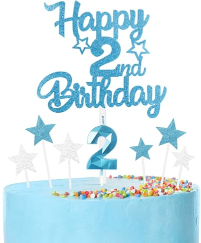 Mciskin Happy 2nd Birthdayljus Tårttoppers set, blått nummer 2 för tårta, flickor pojkar 2:a födelsedagsdekorationer