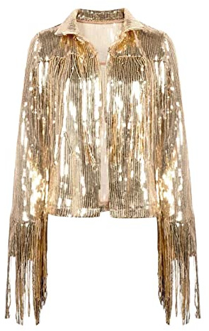 Himllauen Women Casual Sequin Long Sleeve Jackets Solid Colour Open Blazers with Tassels Sexy Clubwear for for Party Night Out Clubs for Summer Autumn (Gold, L)
