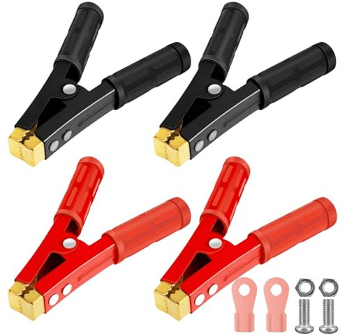 4 pinzas de cocodrilo de 1000 A, pinzas de cocodrilo grandes, cable de arranque, pinzas de cobre puro con cubierta aislante para baterías de coche, cable de arranque (155 mm, rojo + negro)