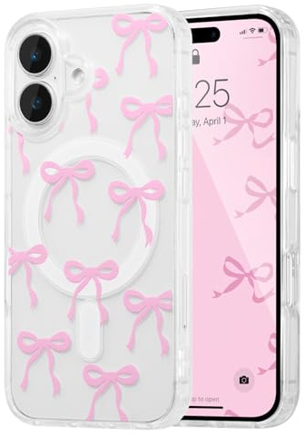 UEEBAI Bow Case for iPhone 16 with Magsafe, Clear Pink