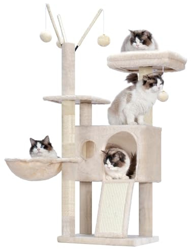 Hey-brother Árbol rascador de 100 cm, pequeño y Estable, con Juguetes extraíbles, Cueva, 1 Plataforma, 1 Cesta para Gatos, Placa rascador de sisal y Bola de Felpa, Adecuado para Gatitos, Beige