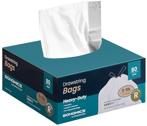 SONGMICS Bolsas de Basura, 10 L Bolsas de Basura con Cordones, 80 Piezas, Código R, Resistentes, Caja de Dispensación Rápida, Blanco Crema KRB011A02