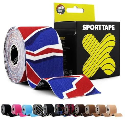 SPORTTAPE Kinesiology Tape, 5cm x 5m, GB Print - Waterproof, Hypoallergenic | Kinetic Physio Tape for Muscle Injury Recovery, Sports Strapping, Knee Pain, Joint Support & Blisters - Single Uncut Rolls