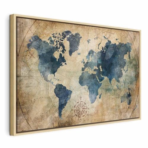 murando - Quadro con Cornice Naturale Mappamondo 120x80 cm 1 Pezzo - Stampa su Tela - Quadri con Cornici Moderni Soggiorno XXL Grandi - Decorazioni da Parete - Telaio in Legno - k-A-0415-b-a
