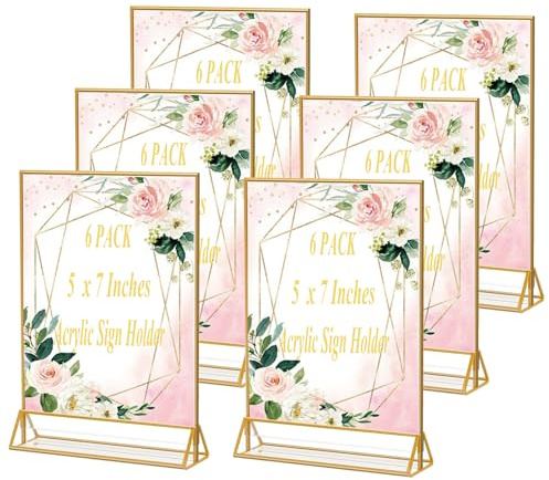 EKINIYAR 5x7 Acrylic Sign Holders 6 Pack Gold Table Number Holder for Wedding Picture Frame Stand Double Sided Table Menu Stands with Vertical Stand, Photos and Art Display