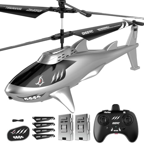 DEERC Fjärrstyrd helikopter för barn och vuxna, RC hajhelikopter med höjdstöd, automatisk avdragning/landning, LED-lampor, 24 min batteritid, flygande leksak inomhus.