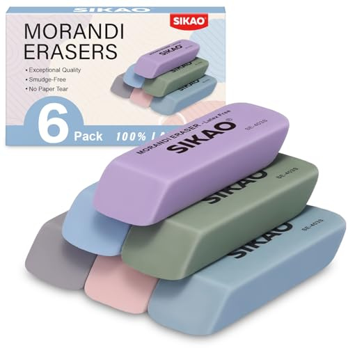 SIKAO Gomas de Borrar Colores Morandi Pack de 6 – Goma para Lápiz para Niños, Gomas Pastel sin Látex, Borrado Limpio con Forma Biselada para Escuela, Dibujo y Material Escolar | Borradores estéticos de goma biselada pastel, sin látex y sin manchas para suministros escolares, aula y escritura diaria
