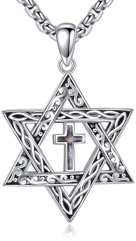 KZX Collier étoile de David en argent sterling 925 avec pendentif en forme d'étoile de David avec croix et étoile juive - Cadeau pour homme et femme