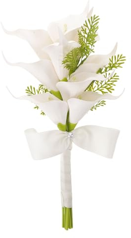 GARVALON Ramo de Novia de Lirios Artificiales Tacto Real 39 CM Ramo de Flores para Boda Despedidas de Soltera y Decoración del Hogar y Duradero