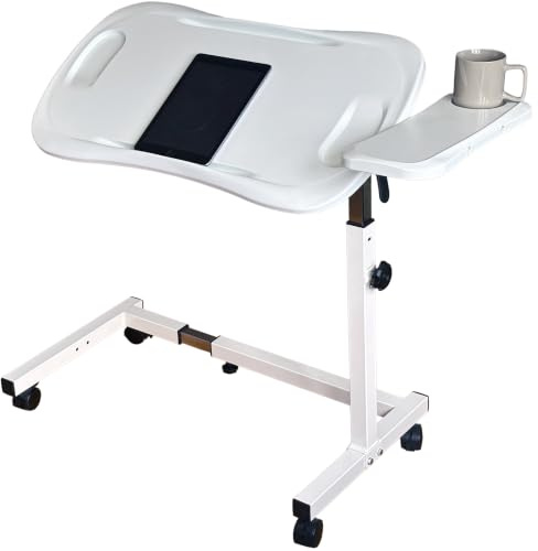 Sigmade Lift Chair Table with Plastic Tabletop, Overbed Table with Wheels, Adjustable Width & Height, with Split Tilt Design & 4 Caster Wheels with Brakes (White)