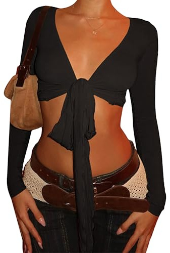 Kfsghdnz Women Y2K Ballet Cross Wrap Top Long Sleeve Deep V Neck Slim Fit Yoga Pilates Tie Up Bolero Shrug Workout Fitted Shirt