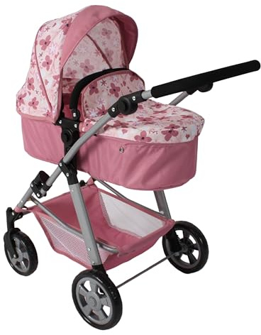 Bayer Chic 2000 - Cochecito de muñecas Nele, 2 en 1 para niños de 3 a 8 años, Carrito de muñecas con bañera Convertible, Cochecito para muñecas de hasta 50 cm de tamaño, Flores Rosas