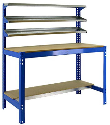Simon Rack Banco de Trabajo Taller, Capacidad Carga 600 kg, 1445x1510x760 mm, Mesa de Trabajo, Azul/Madera - BT1