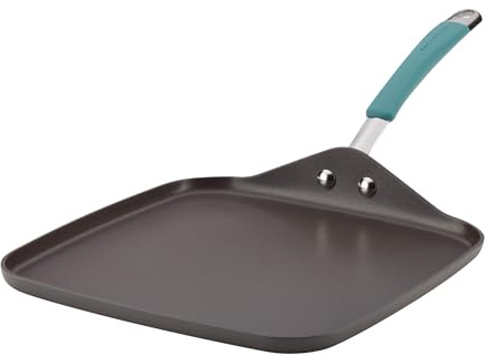 Rachael Ray Cucina Hard Anodized Nonstick Griddle Pan/Flat Grill, 11 Inch, Gray with Agave Blue Handle