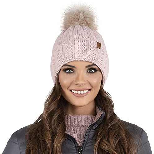 Vivisence Cappello Invernale da Donna con Pompon Realizzato in Filato Morbido E Caldo con Fodera Interna in Pile Antistatico Ideale per Le Giornate Fredde Invernali, Rosa Chiaro,Taglia Unica