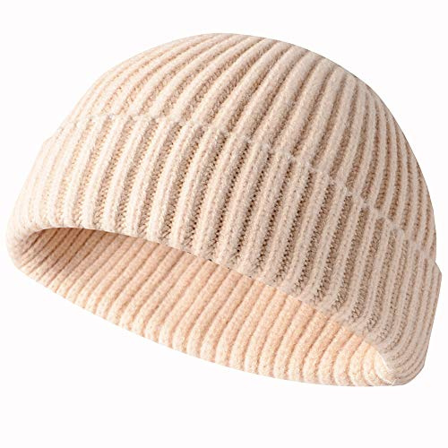 JFAN Trawler Winter Beanie Hat Baseball Cap Roll up Edge Skullcap Fisherman Beanie Unisex Cuffed Short Knit Fisherman Beanie Winter Hats-Beige