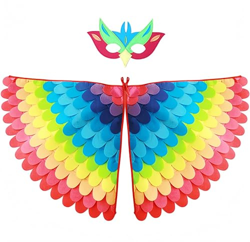 Proumhang 2 stycken barnfågelvingedräkt för ålder 3~8 år, och påfågelmaskeugla klä upp, pojkar flickor kände ögonmaskering och vingar, Halloween färgglada fancy dress, stil 12