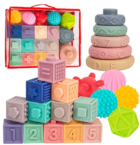 SpringFlower 3 in 1 Montessori Toys for Babies 0-3-6-12 Months, Soft Baby Teething, Stacking Building Blocks for Infants, Sensory Developmental Education Toys for Toddler Baby 12-18 Months,22 PCS