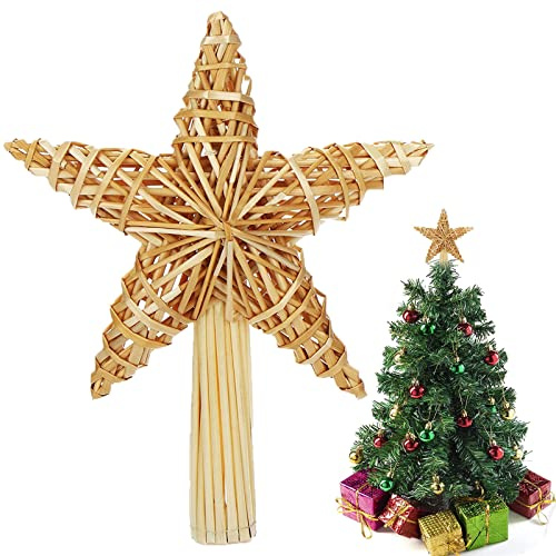 JOKILY Estrella de Paja para la Punta del Árbol de Navidad, 30.5 x 20 cm, Color Oro, Estilo Rústico, Perfecta para Navidad