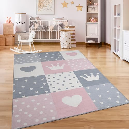 Paco Home Teppich Kinderzimmer Kinderteppich Spielteppich Kurzflor rutschfest Krone Herzen Punkte Sonne Regenbogen Buchstaben, Grösse:160x220 cm, Farbe: Creme Rosa Grau
