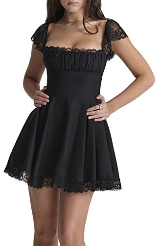 Loalirando Sexy Minikleid Elegant Weiß Spitze Damen Kleid Ärmellos Mit Kragen Quadratisch Sommer Vintage Party, Schwarz, M