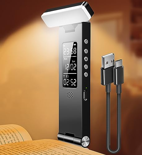 SRTCLLT Book Lights, Rechargeable Reading Light in Bed, Smart Adjustable Reading Lights, Portable Bookmark Night Lamp, Built-in Battery & LCD Display, with Timer, Clock, Alarm, Date
