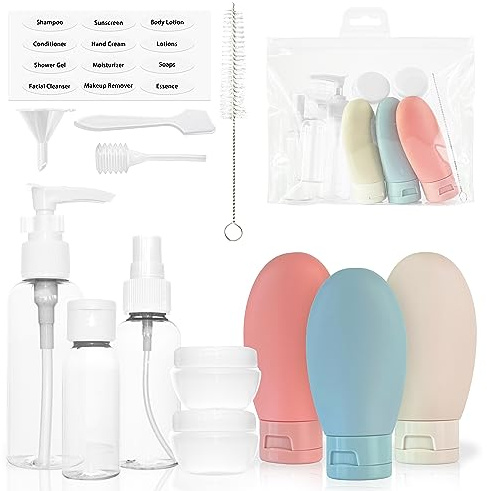 MyGadget Set 14 Flacons Vides pour Valise Cabine - Kit Tubes Cosmétiques Silicone & Pots de Crème Rechargeables - Bouteilles Format Voyage approuvé TSA
