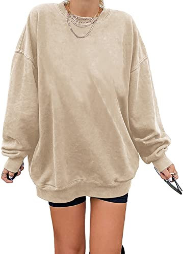 Sweatshirt Damen Los Angeles Pullover Oversized Langarmshirt Rundhals Pulli Basic Loose Tops Ohne Kapuze Teenager Vintage Oberteile Shirts Khaki L