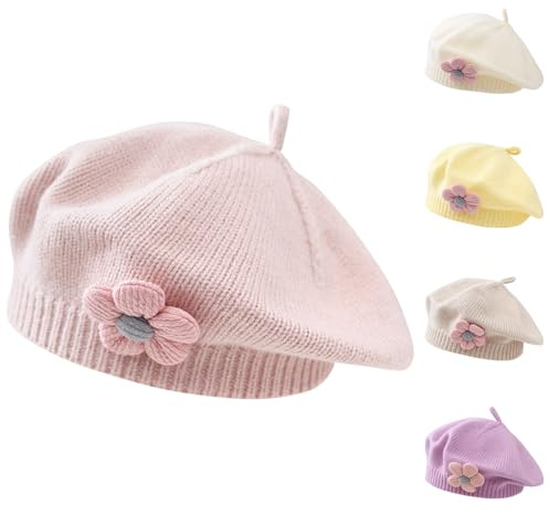 Pequeñas niñas Sombrero de Boina de Invierno cálido Beanie Cap Toddler Estilo francés Gorro de Punto del bebé Lindo Boinas de Flores (Rosa)