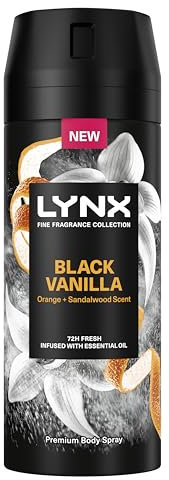 Lynx Fine Fragrance Collection Black Vanilla Premium Deodorant Body Spray Antiperspirant infused with vanilla, orange & sandalwood essential oils with 72 hours of freshness 150 ml