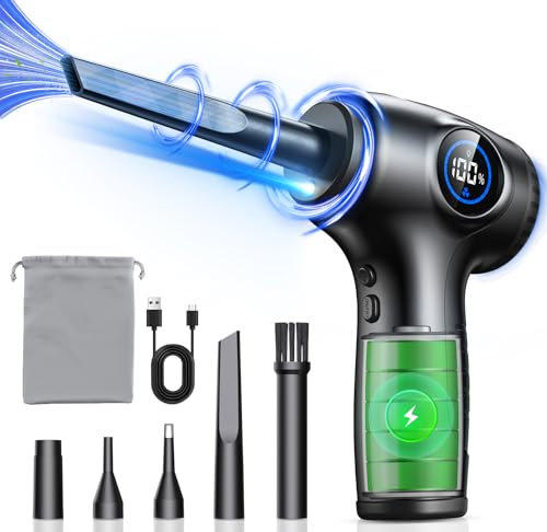 EOIWUY Compressed Air Cleaner for PC, Rechargeable Electric Air Duster with LED Light & Power Display, 3 Speeds Max 90000RPM Cordless Air Blower Duster with 5 Switchable Nozzles for Keyboard/Car