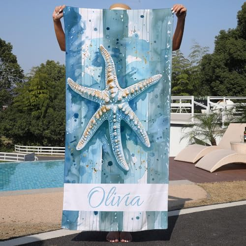 Personalisiertes Strandtuch mit Namen, 75x150cm Seesterne Super Saugfähig Sandfreie Strandtuch,Mikrofaser schnell trocknendes Strandtuch,Personalisierte Geschenke Für Den Strand Reise
