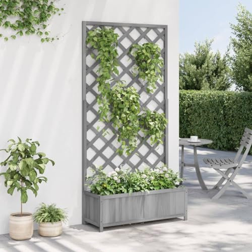 Gecheer Fioriera,Letto Rialzato,con Traliccio,Rampicante,in Legno Massello,di Abete,Grigio,90x35x180 cm,Fioriera Grigliato Legno,Fioriera con Griglia,Legno,Fioriera da Giardino Legno
