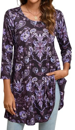 Enmain Women Tunic Top for Leggings Ladies Tunic Blouses 3/4 Long Sleeve Paisley Swing Tops Purple 4XL