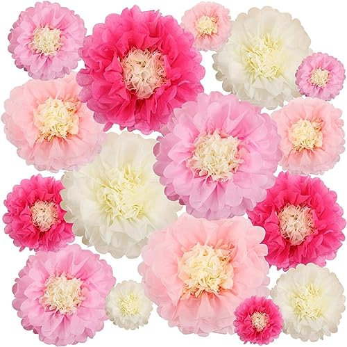 EVERMARKET 16 Pieces Multicolor Paper Flowers Tissue Paper Chrysanth Flowers DIY Crafting for Birthday Wall Decor Wedding Backdrop Nursery Wall Decoration