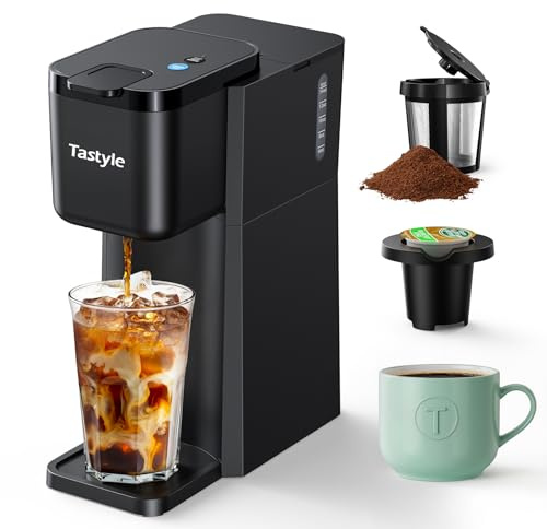 Tastyle Mini Hot and Iced Coffee Maker Single Serve, for K Cup and Ground, 6 to 14 Oz Brew Sizes, with Recipe Book, for Home, Travel, RV, Office and Dorm, Classic Black (2.0 Version)