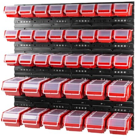 Storage System Wall Shelf 800 x 800 mm, Pack of 36 Boxes, Stacking Boxes, Storage Boxes, Box with Lid, Extra Strong Wall Plates, Expandable Shelf, Workshop Shelf, Workshop Shelf, Workshop Wall