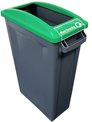 Chabrias Ltd 87L Slim Recycling Bin with Open Green Lid + Glass, Metal & Plastic Sticker - Recycling Waste Container for Office, School & Kitchen - Narrow 87 Litre Commercial Bin & Vented Liner System